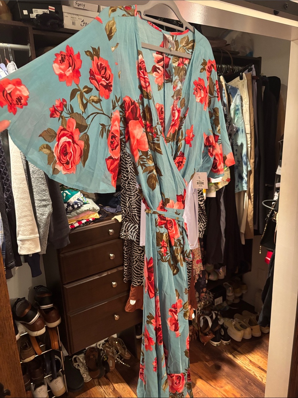 SKYE xl Blue Floral Maxi Wrap Dress with Red Roses